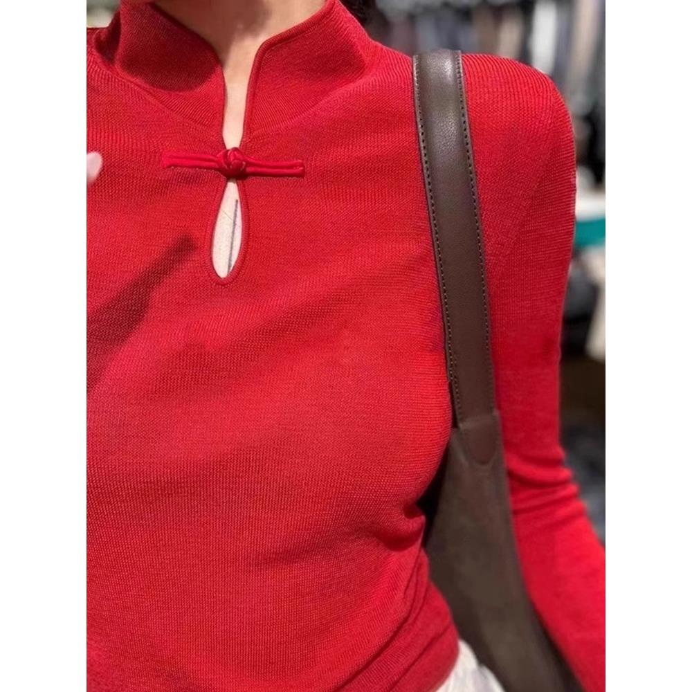 新中式国风盘扣镂空针织衫女春秋新款高级感气质修身打底衫上衣