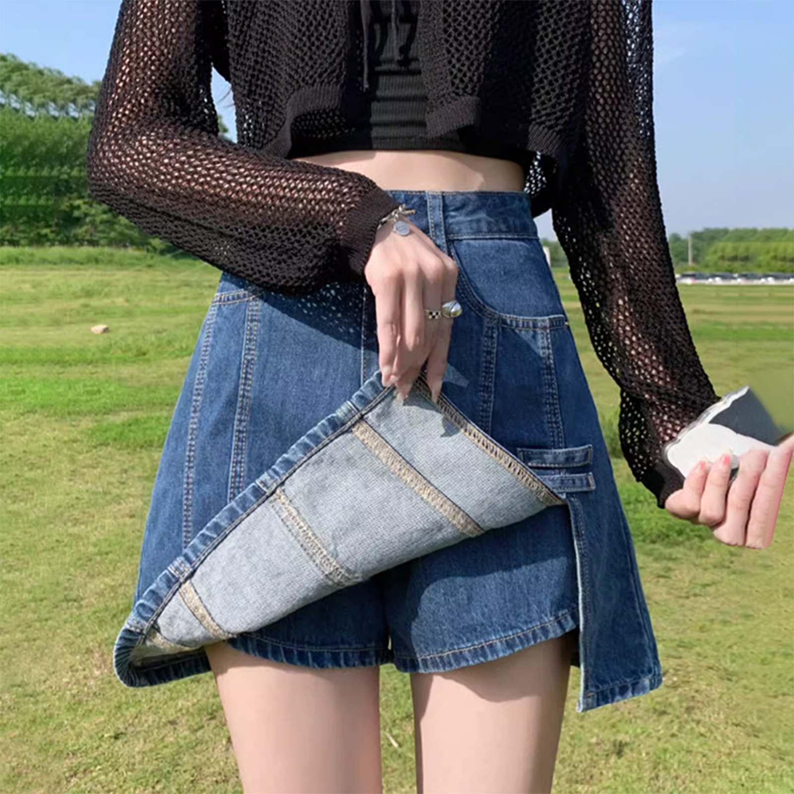 高腰牛仔短裙女春秋新款遮胯显瘦半身裙防走光内衬裙裤百搭a字裙