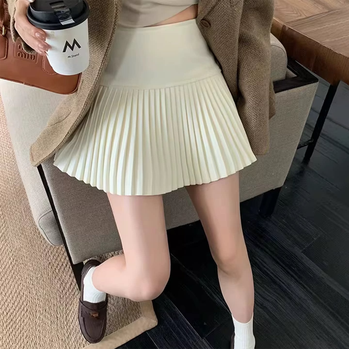 针织百褶裙短裙白色防走光A字半身裙女秋冬百搭灰色高腰裙子