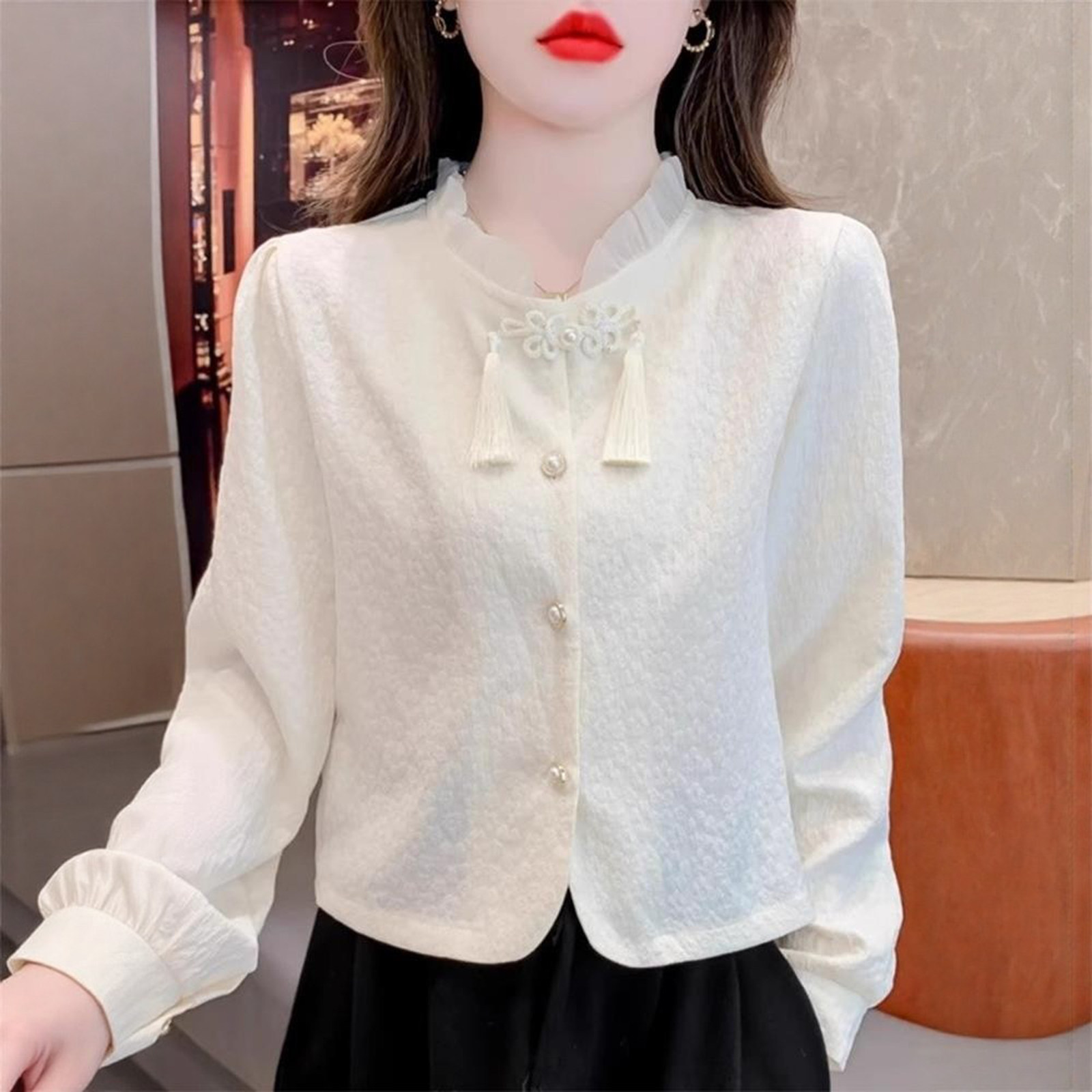 设计感小众新中式荷叶边立领盘扣衬衫女小个子中国风短款雪纺衬衣