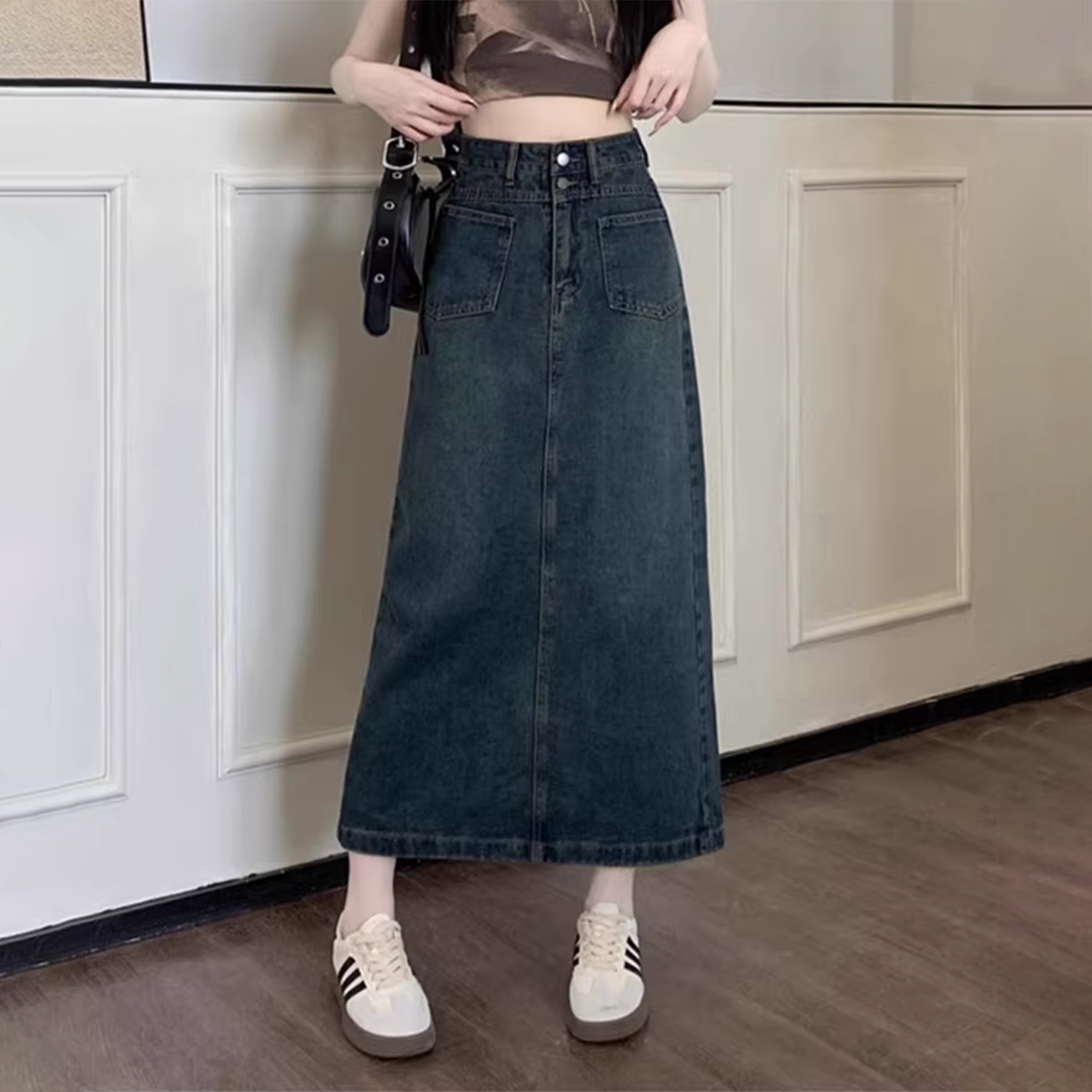 复古开叉牛仔半身裙女春秋大码a字高腰遮胯梨型身材中长款裙子