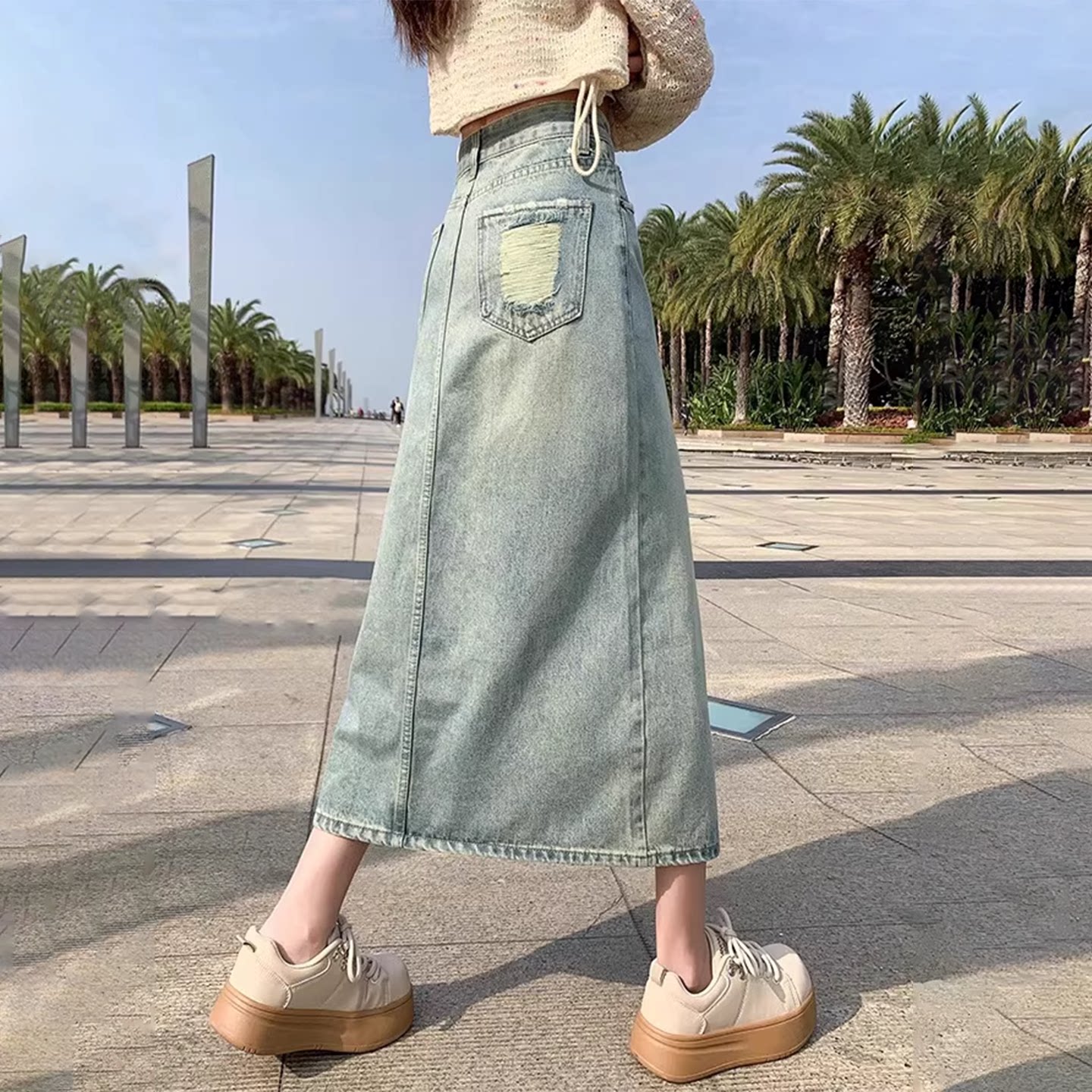 高腰开叉牛仔半身裙女春秋新款小个子a字裙遮胯显瘦中长款包臀裙