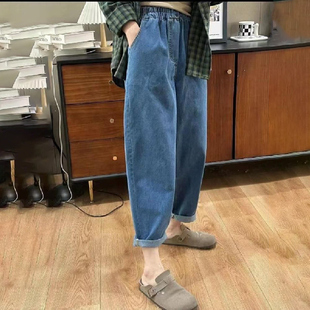 老爹裤 胖mm高腰梨形身材显瘦香蕉裤 女春秋大码 松紧腰哈伦牛仔裤