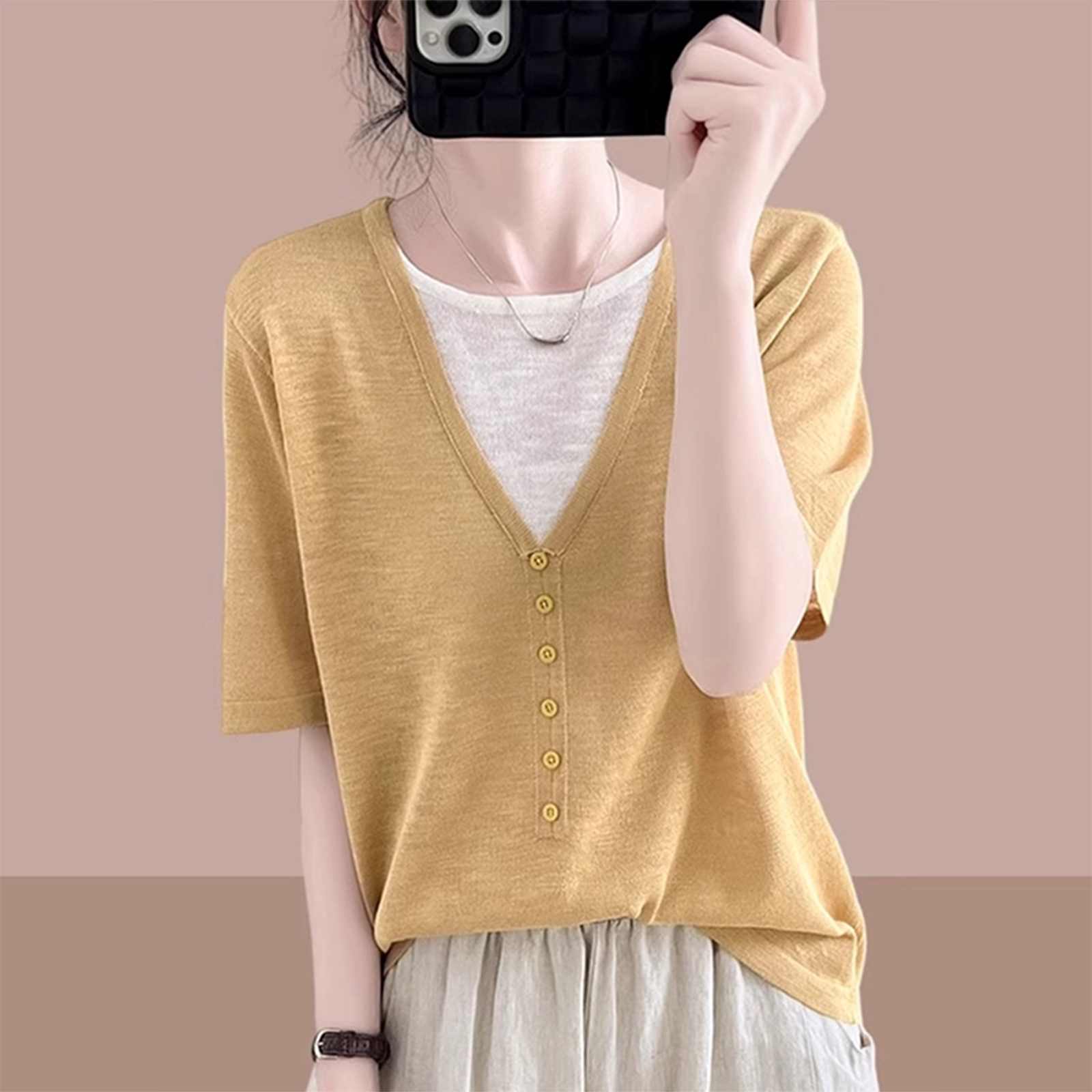 假两件V领冰丝针织短袖T恤女夏季薄款减龄时尚高端大牌欧货上衣