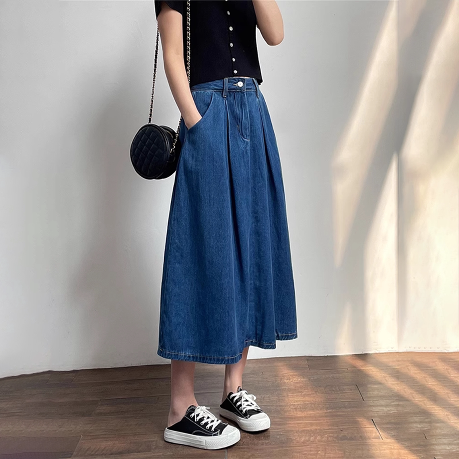 深蓝色牛仔半身裙女秋冬高腰显瘦a字裙休闲百搭中长款大摆伞裙子