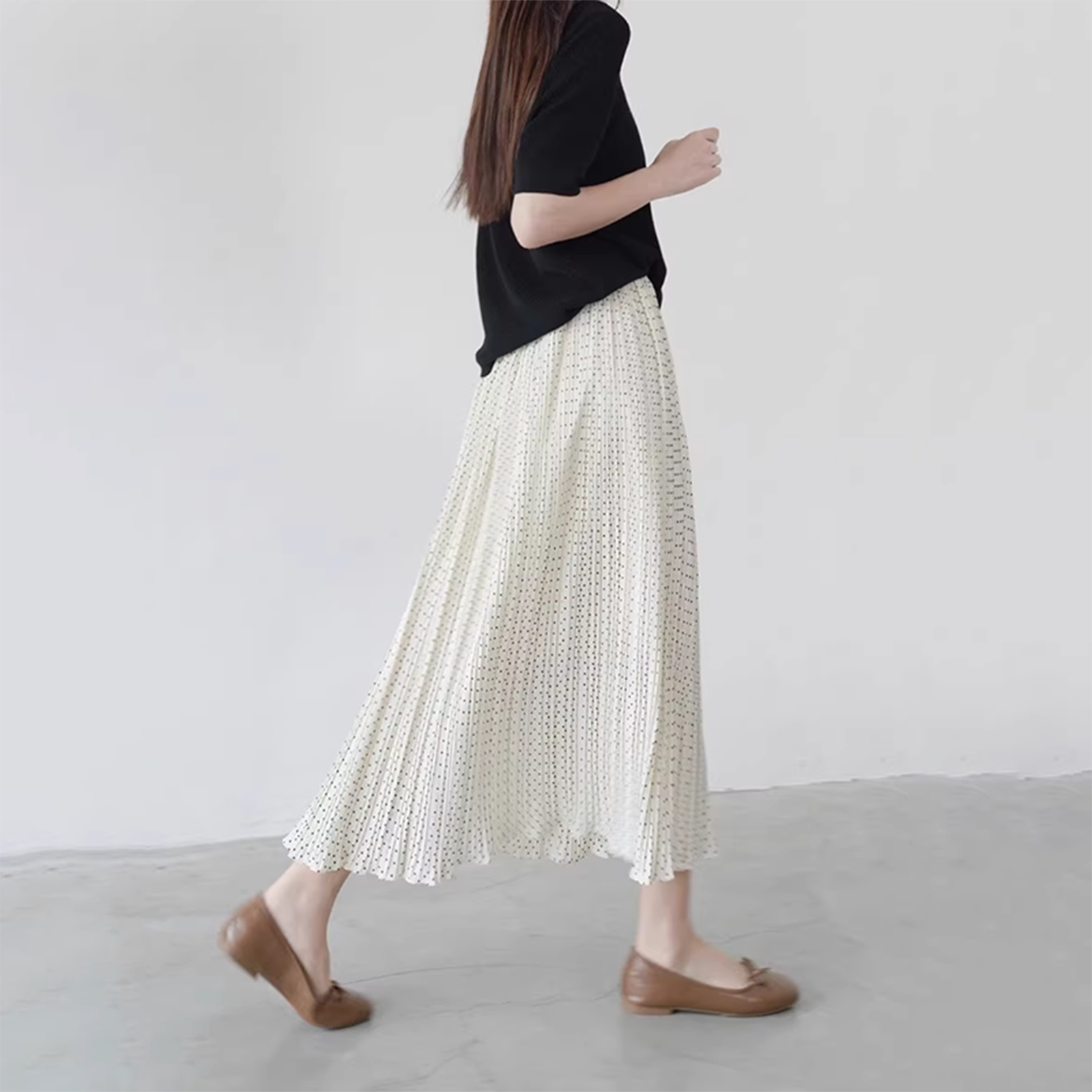 杏色波点半身裙女高腰显瘦夏季复古百褶裙气质中长款a字伞裙