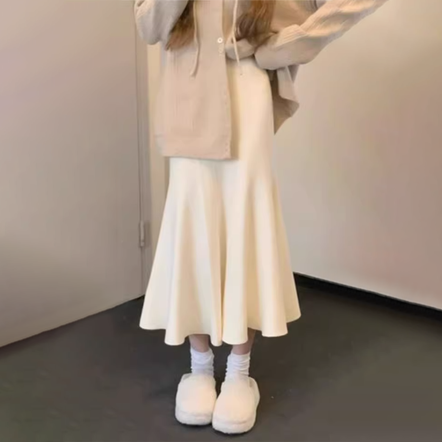 杏色针织鱼尾裙女秋冬新款修身包臀裙高腰a字半身裙配毛衣裙子