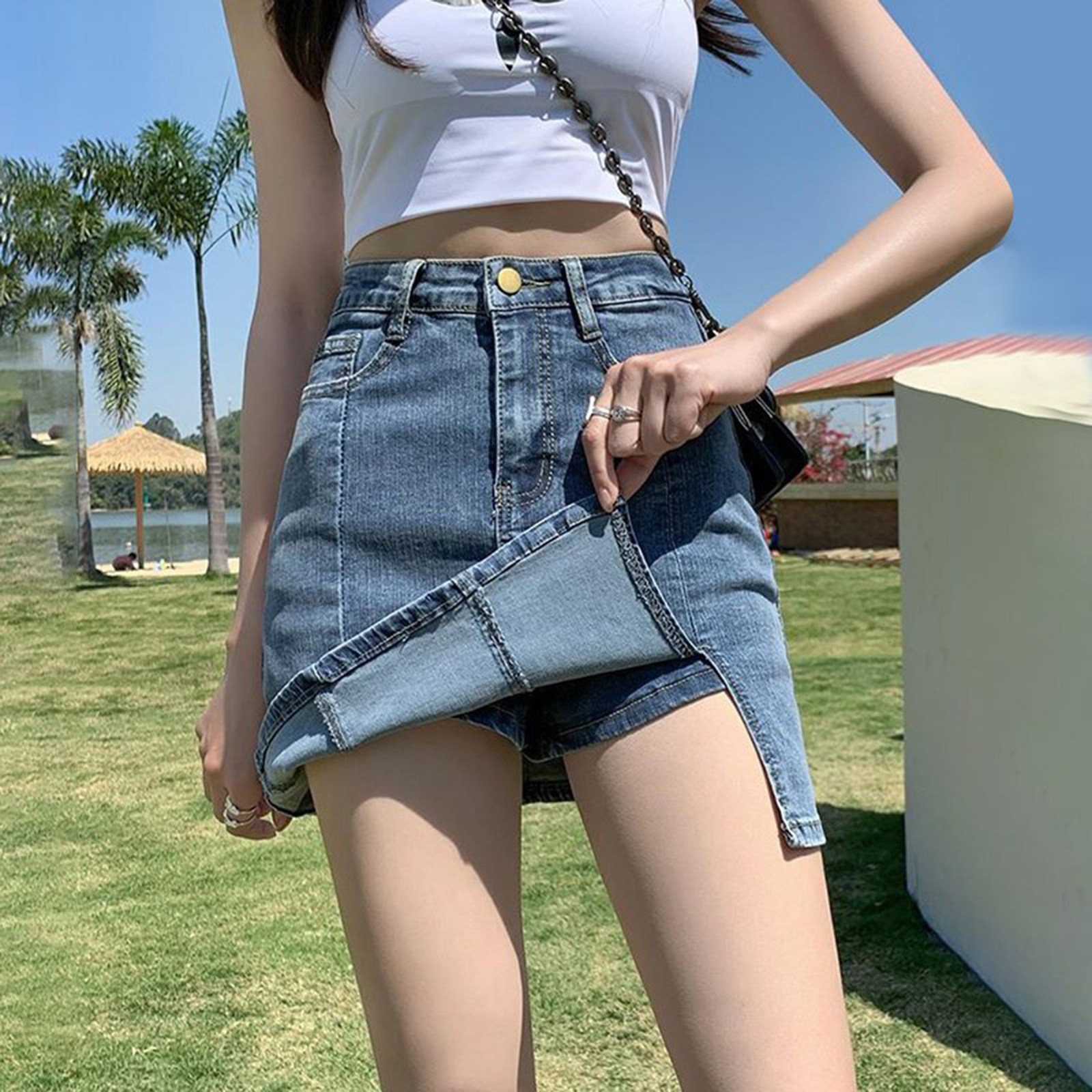 牛仔短裙女夏季新款高腰显瘦包臀裙带内衬防走光裙裤a字半身裙
