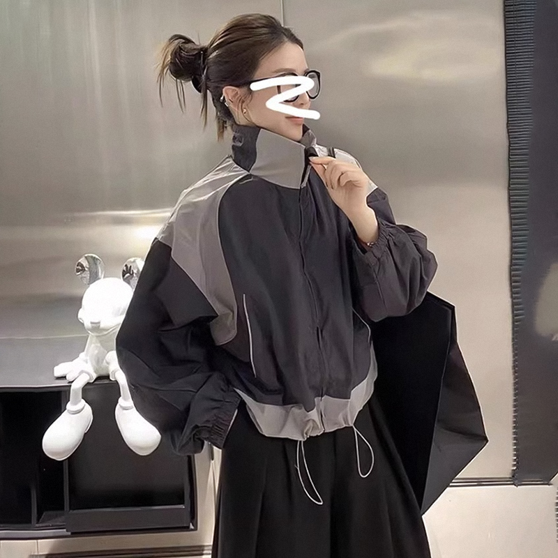 欧洲站时尚拼色立领冲锋衣外套女春秋新款休闲百搭短款抽绳夹克