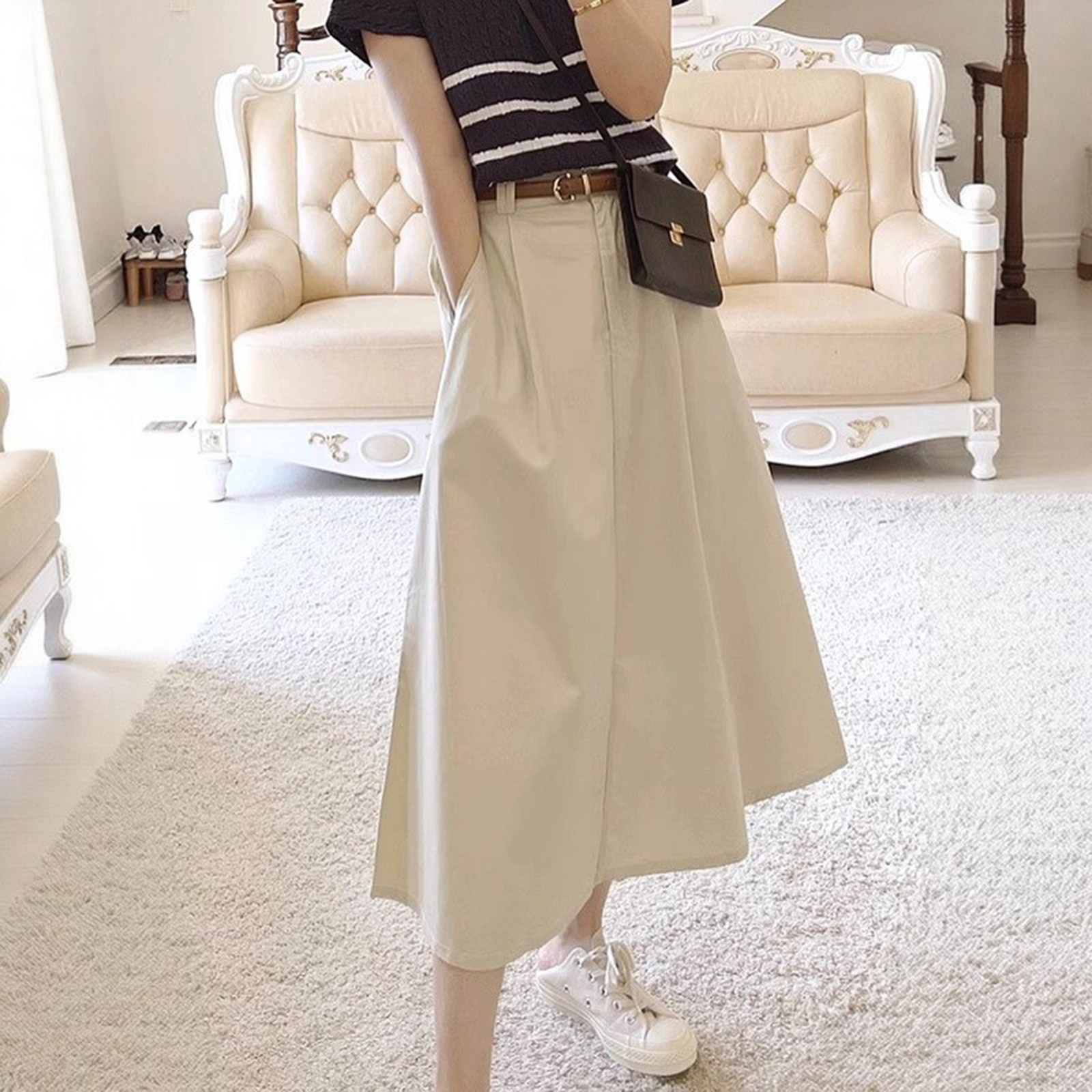 半身裙女夏季薄款高腰显瘦a字裙休闲百搭梨形身材遮胯中长款伞裙