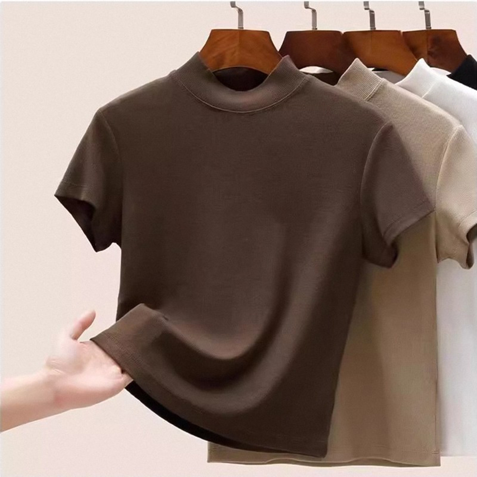 半高领短袖T恤女春秋新款修身内搭打底衫显瘦百搭五分袖立领上衣