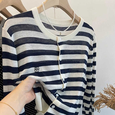 撞色条纹玫瑰刺绣针织开衫女