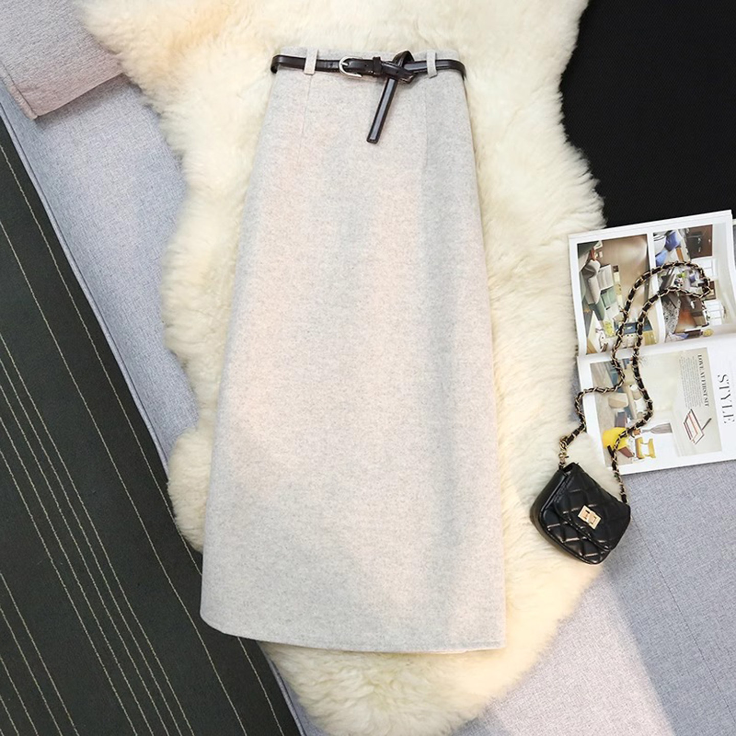 毛呢半身裙女秋冬新款高腰显瘦直筒裙气质百搭半裙中长款包臀裙