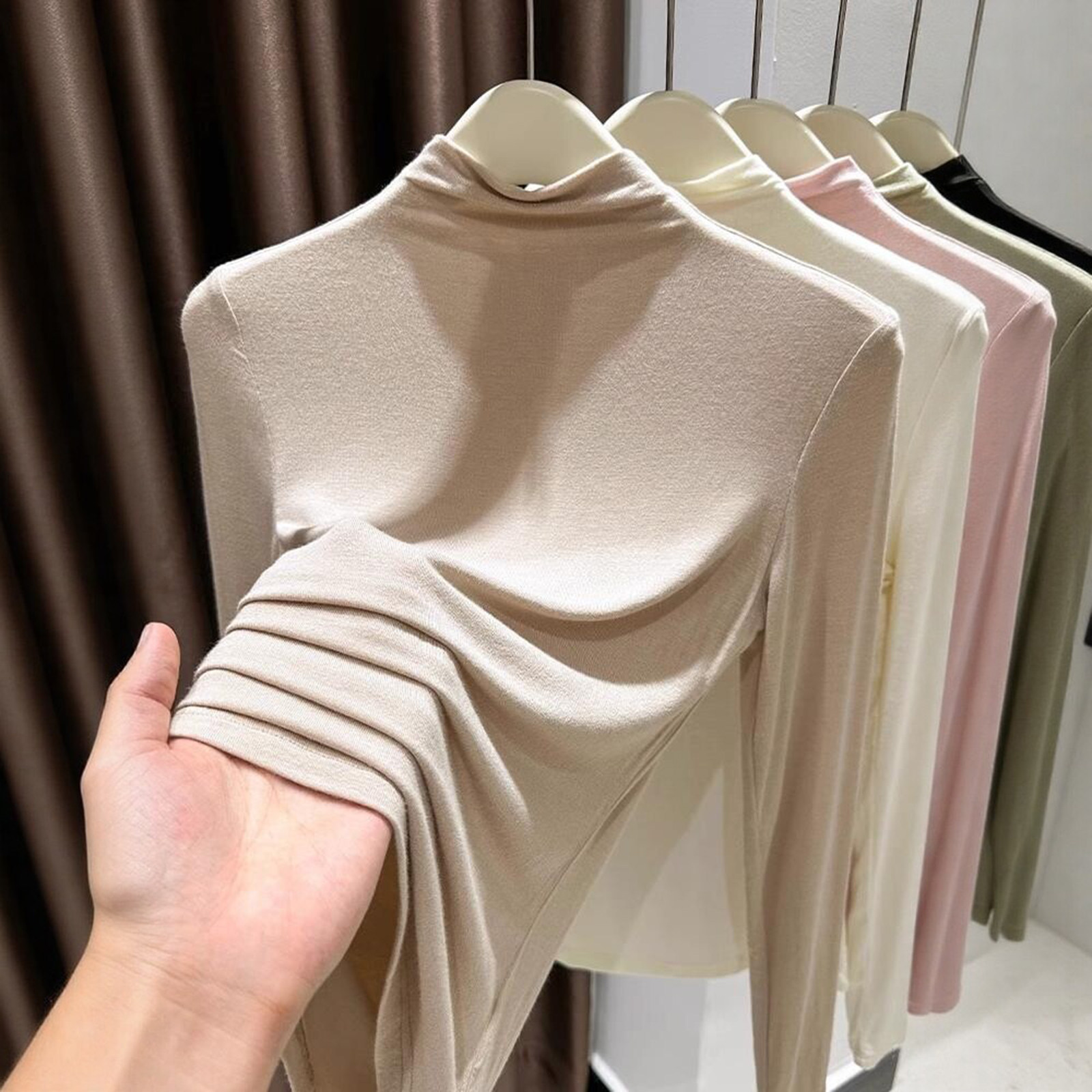 杏色莫代尔半高领打底衫女春秋冬内搭显瘦软糯面膜长袖t恤上衣