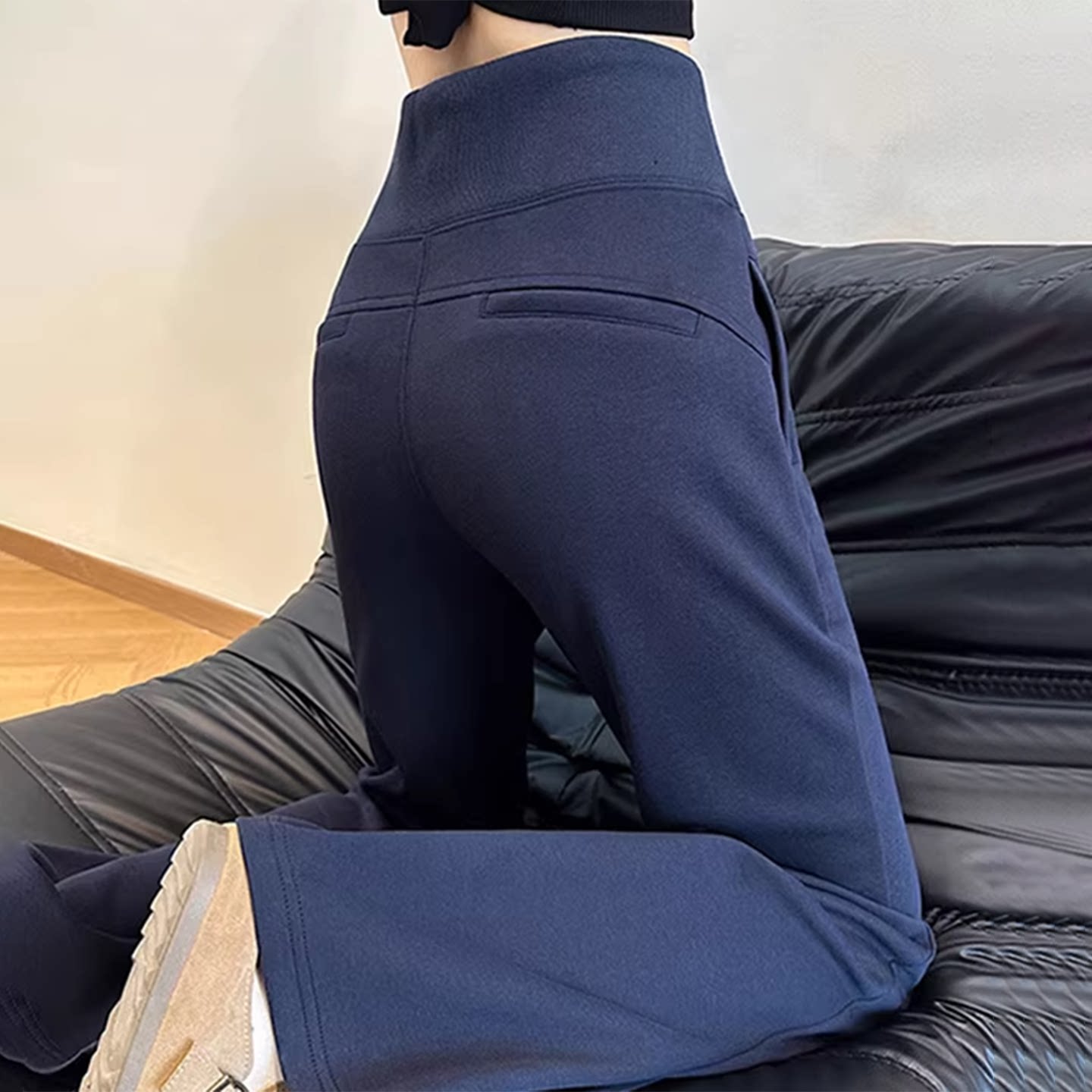 藏青色美式微喇裤女士冬季新款运动休闲百搭高腰抽绳马蹄喇叭卫裤