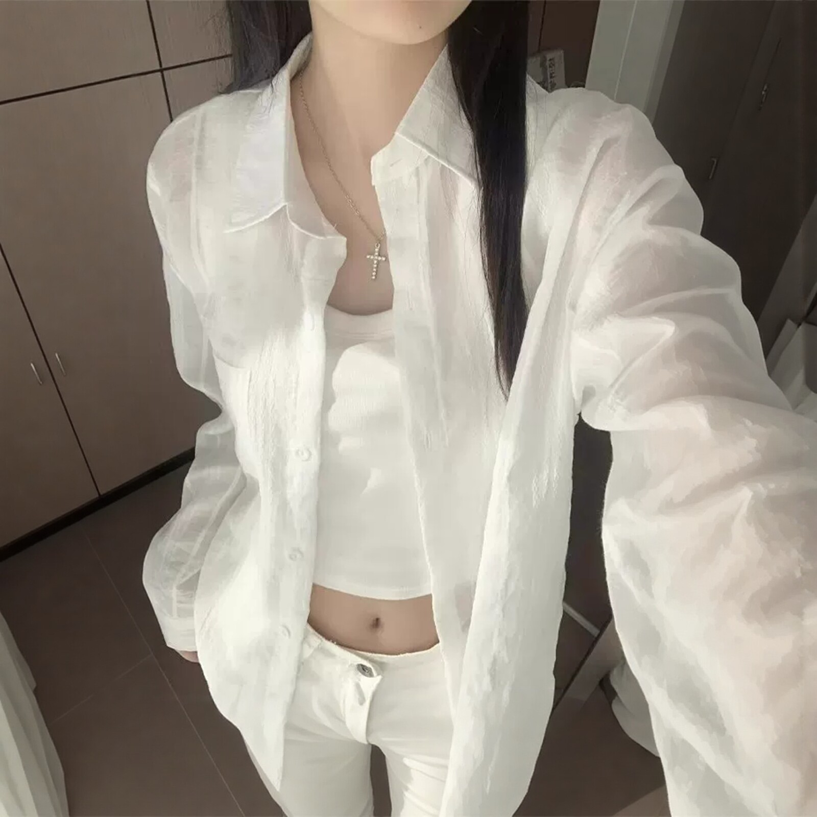 夏季白色长袖防晒衬衫