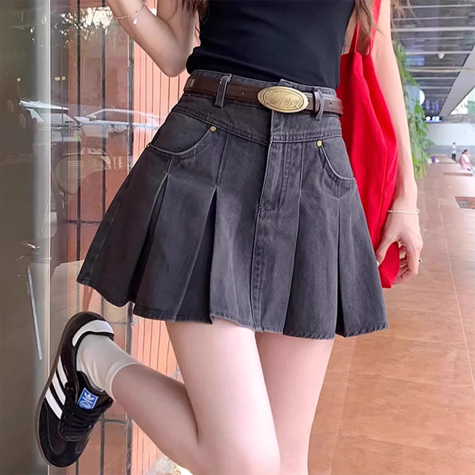 大码复古牛仔百褶半身裙女夏季胖mm设计感高腰显瘦包臀a字短裙子