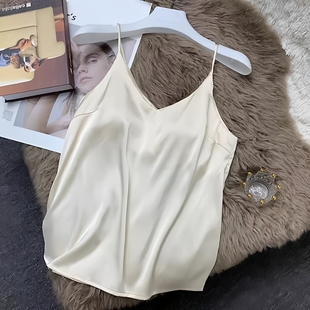 带胸垫丝质吊带背心女简约V领醋酸缎面无袖打底衫上衣西装内搭