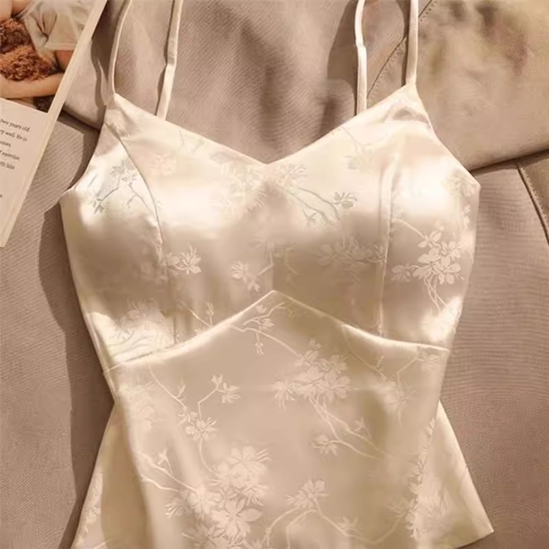 新中式丝质吊带背心女带胸垫V领短款抹胸打底衫中国风西装内搭