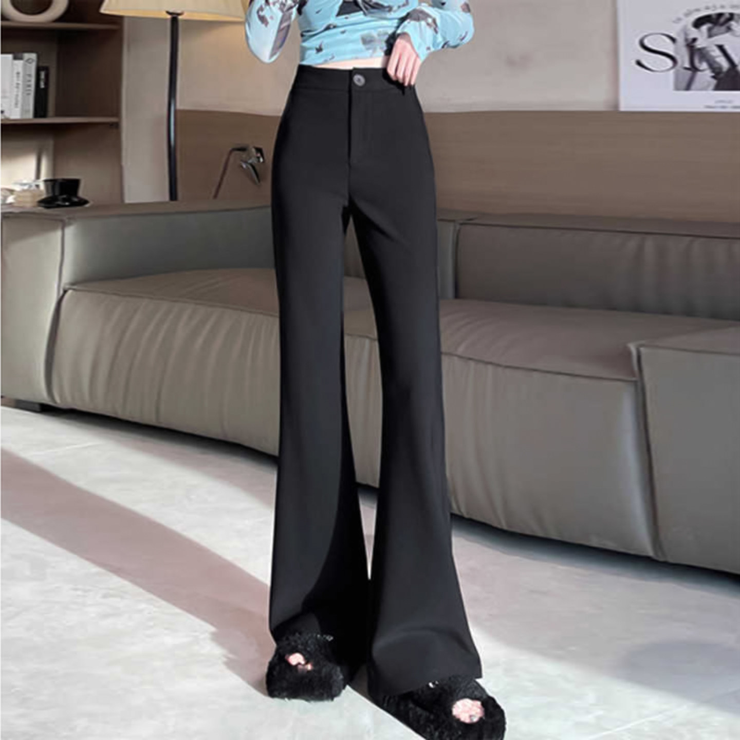 黑色高腰微喇西装裤女秋季不贴腿弹力修身马蹄裤显瘦休闲喇叭裤
