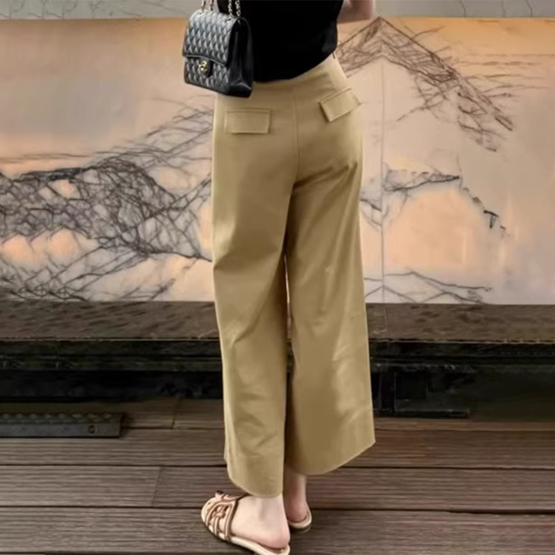 夏季卡其色冰丝阔腿裤女士薄款高腰直筒宽松梨形身材小个子九分裤