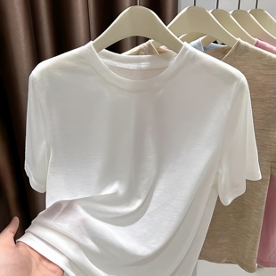 柔软面膜天丝短袖T恤女夏季薄款宽松圆领体恤基础款正肩白色上衣