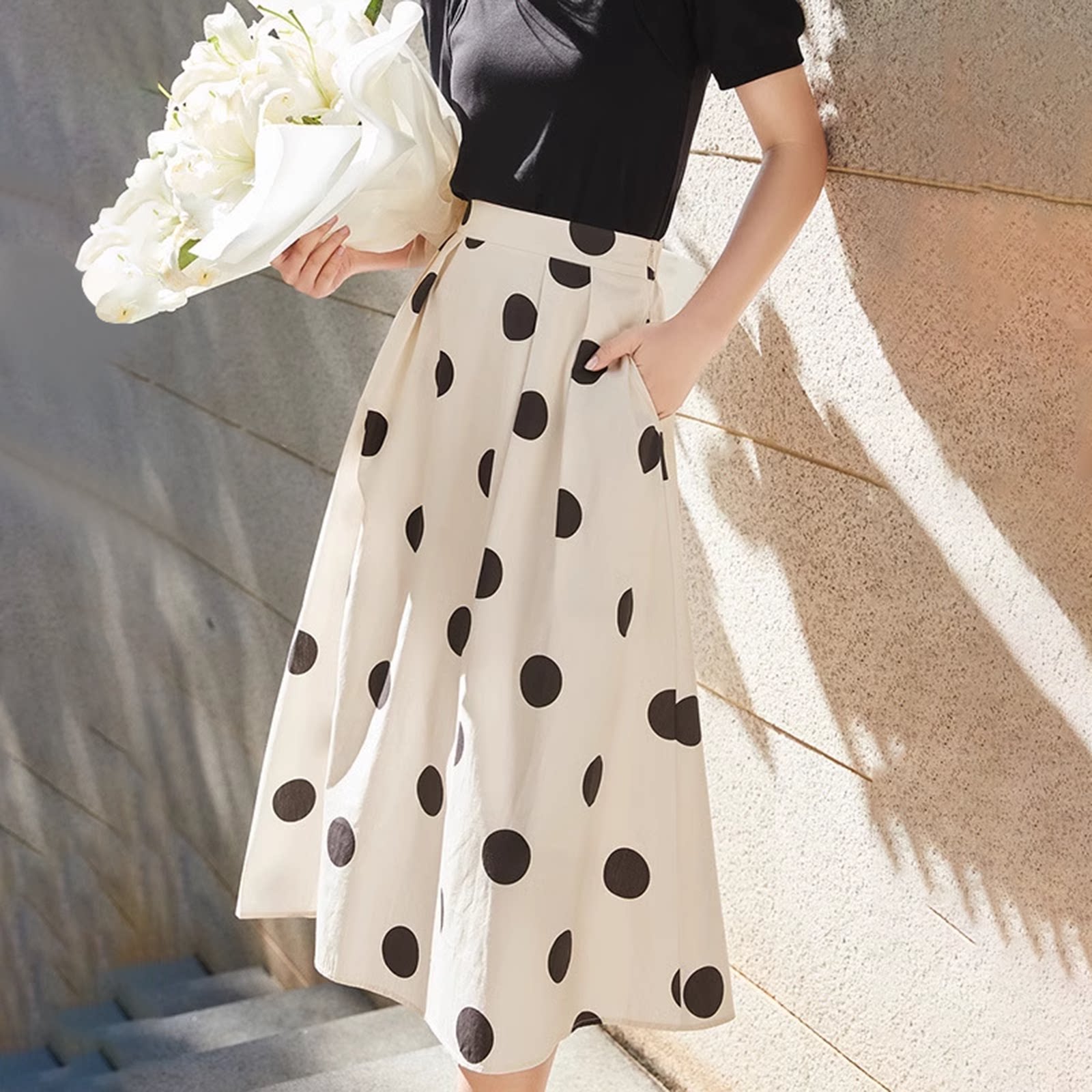 2025夏季新款波点半身裙女高腰显瘦A字裙气质优雅中长款大摆伞裙