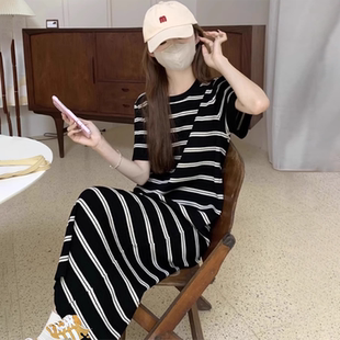 t恤连衣裙女夏季 慵懒风条纹针织短袖 宽松显瘦减龄直筒休闲长裙子