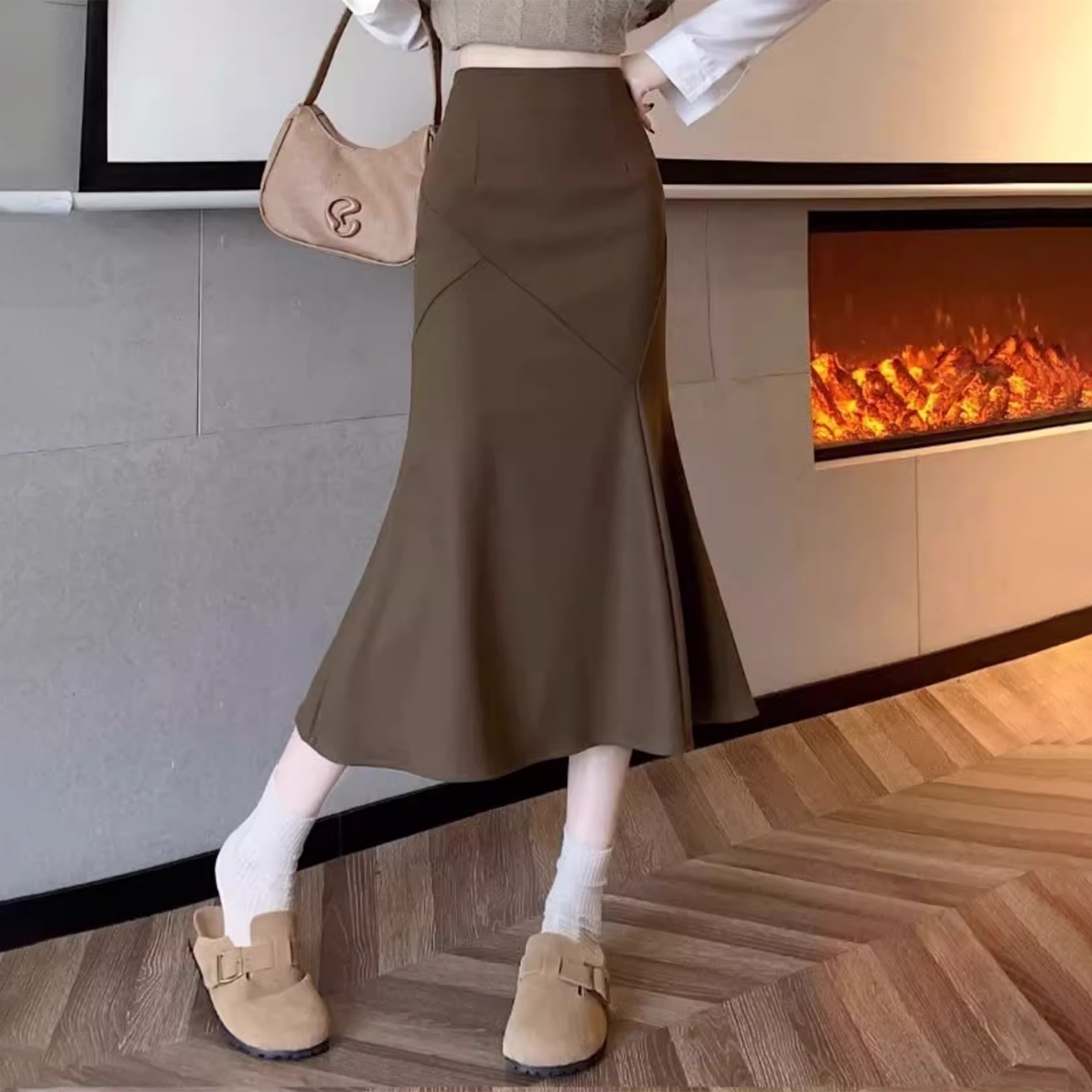 咖色毛呢鱼尾半身裙女秋冬高腰显瘦a字裙气质百搭中长款包臀裙子