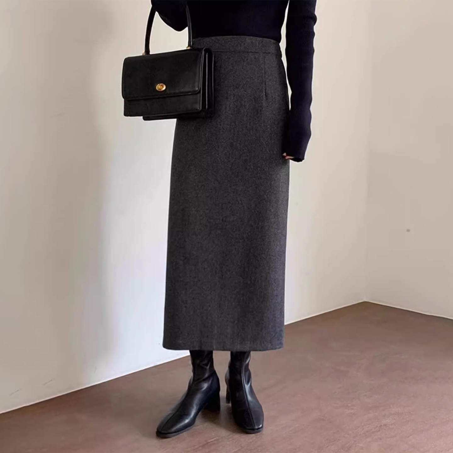 高腰开叉灰色毛呢半身裙女秋冬新款显瘦直筒裙气质百搭高级感长裙