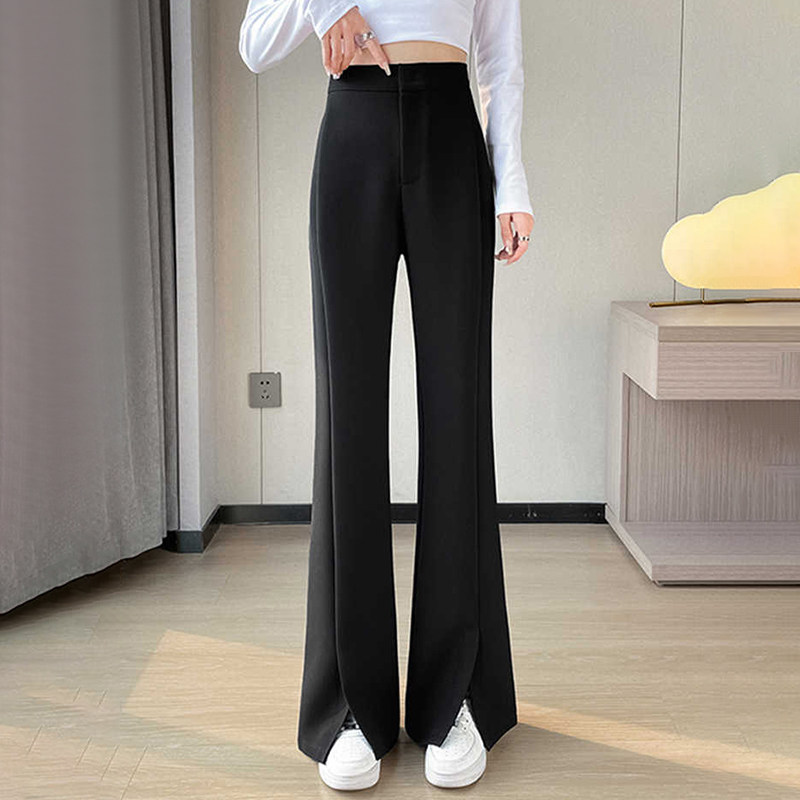 黑色开叉微喇西装裤女春秋2025新款喇叭裤高腰显瘦窄版直筒阔腿裤