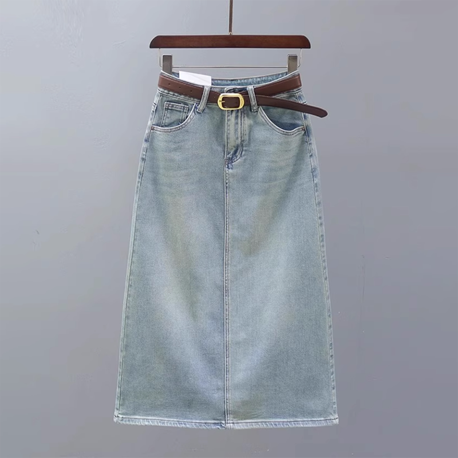 浅蓝色牛仔半身裙女夏季薄款高腰开叉a字裙欧货复古中长款半身裙