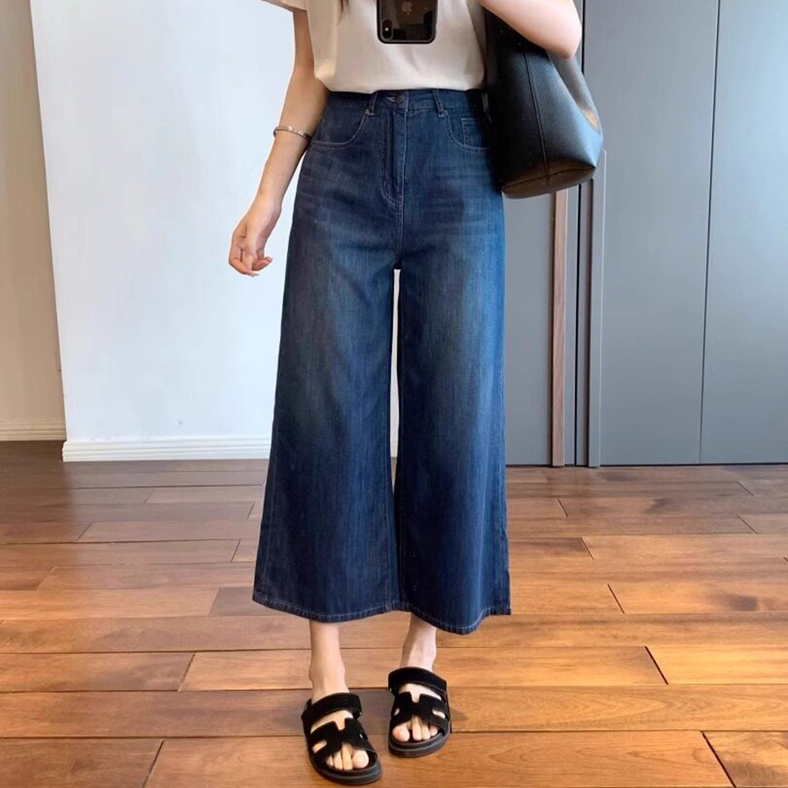 深蓝色阔腿牛仔裤女2025夏季薄款梨形身材宽松显瘦高腰八分直筒裤