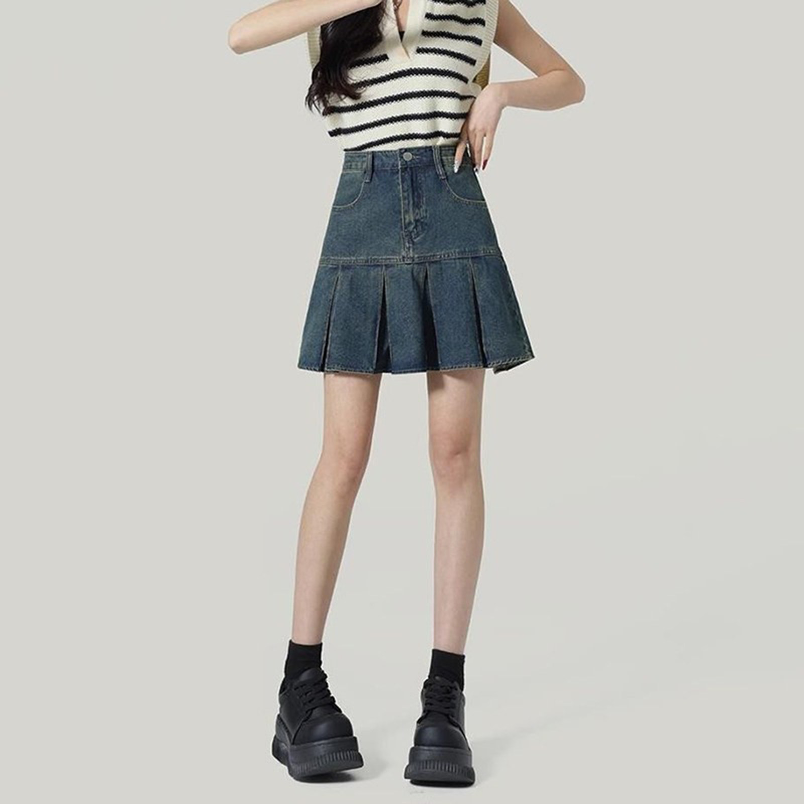 复古高腰牛仔半身裙女夏季遮胯显瘦百褶裙防走光裙裤小个子短裙
