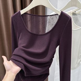 紫色蕾丝拼接长袖T恤女早秋性感褶皱收腰显瘦修身打底衫露背上衣