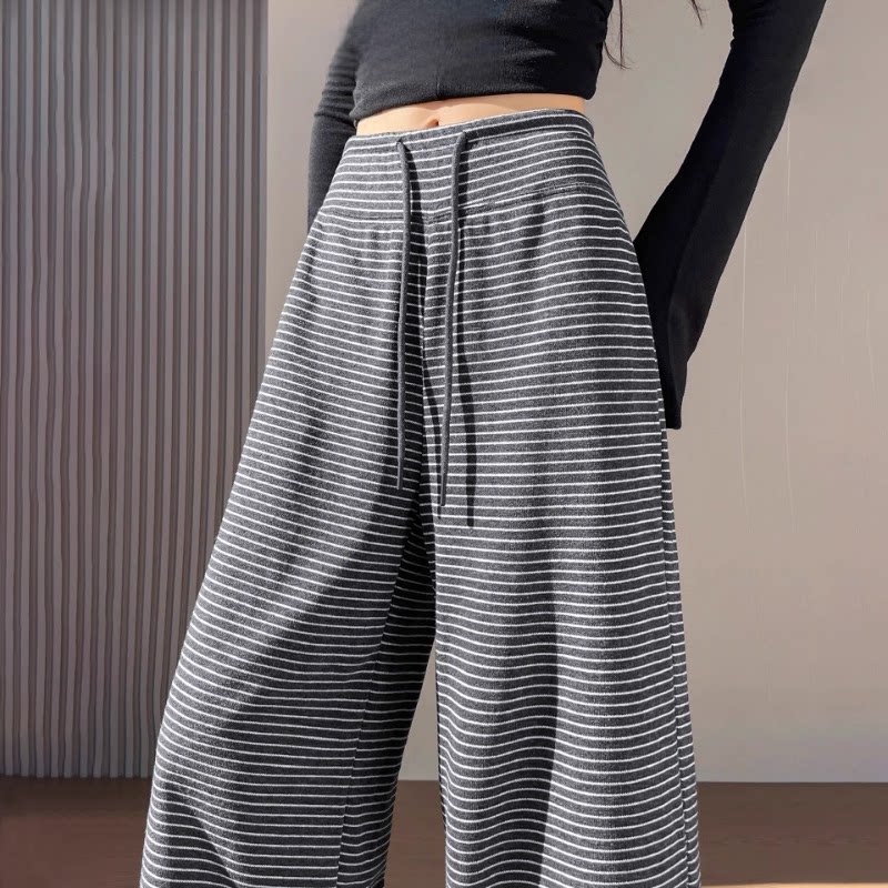 灰色慵懒条纹糯米裤子女秋季2025新款宽松阔腿裤垂感美式运动卫裤