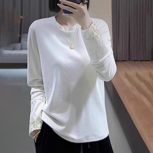 新中式国风白色长袖T恤女春秋改良汉服打底衫显瘦配马面裙的上衣