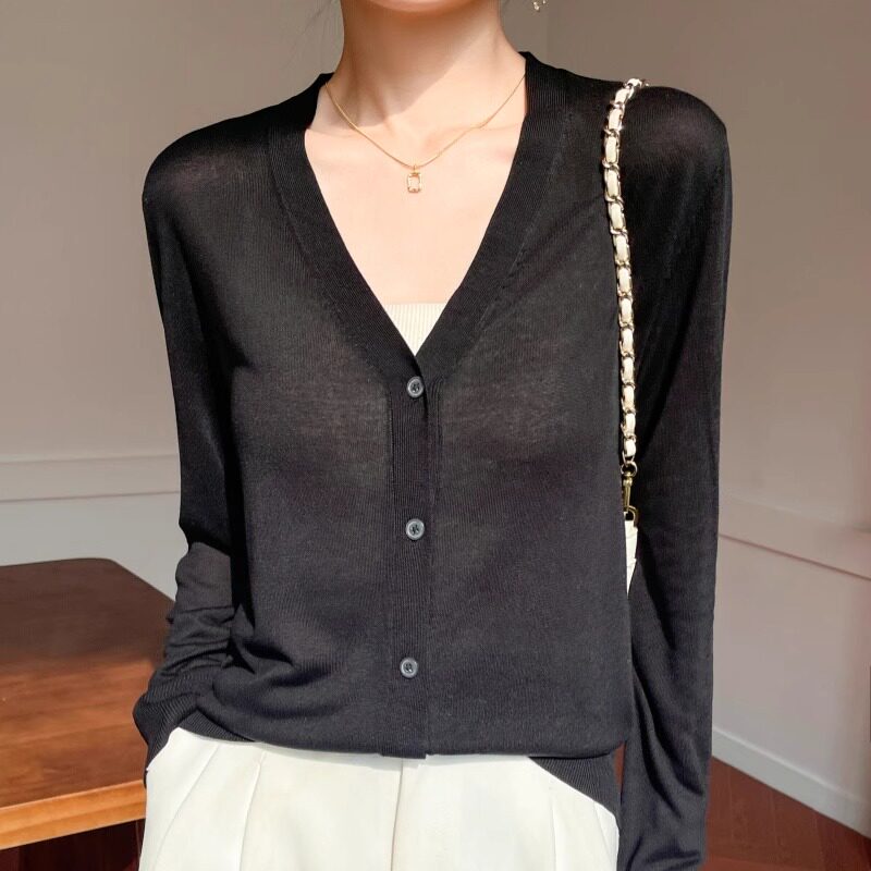 夏季新款莱赛尔天丝针织开衫女士宽松薄款百搭微透防晒黑色空调衫