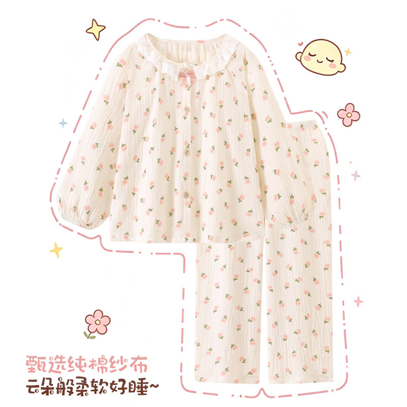 带胸垫防凸点纯棉麻双层纱布儿童睡衣女童春秋长袖大童家居服套装