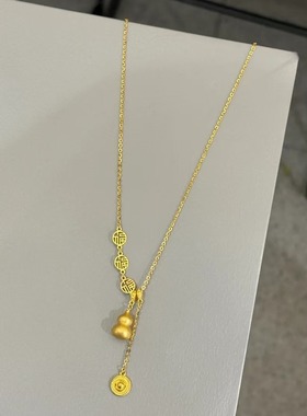 S925纯银新中式金色葫芦项链轻奢小众国风气质福牌流苏锁骨链