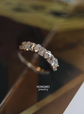 S925纯银镀18K金梨形梯形排钻锆石戒指异形钻轻奢小众设计开口戒