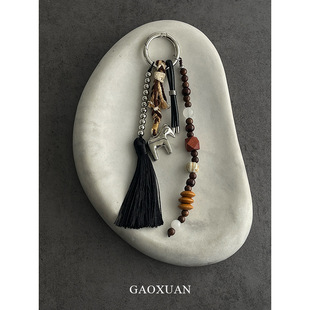 美拉德复古多元素银色木马雕塑钥匙扣手工编织流苏包包挂件手机链