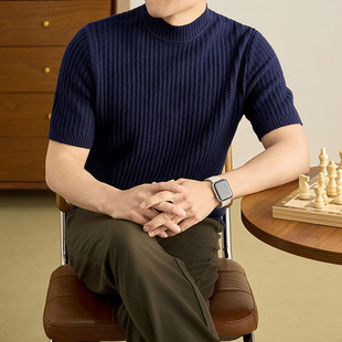 高级痞帅半高领毛衣男款修身针织短袖t恤男士春夏款打底衫毛线衣