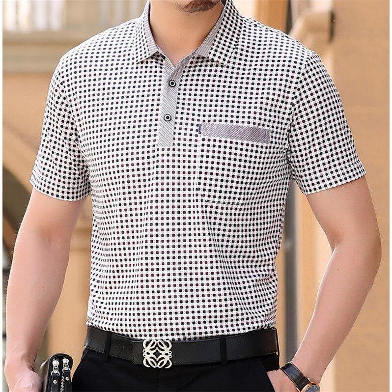 夏季中年爸爸装短袖t恤男士衬衫领带有口袋40岁50中老年休闲衣服