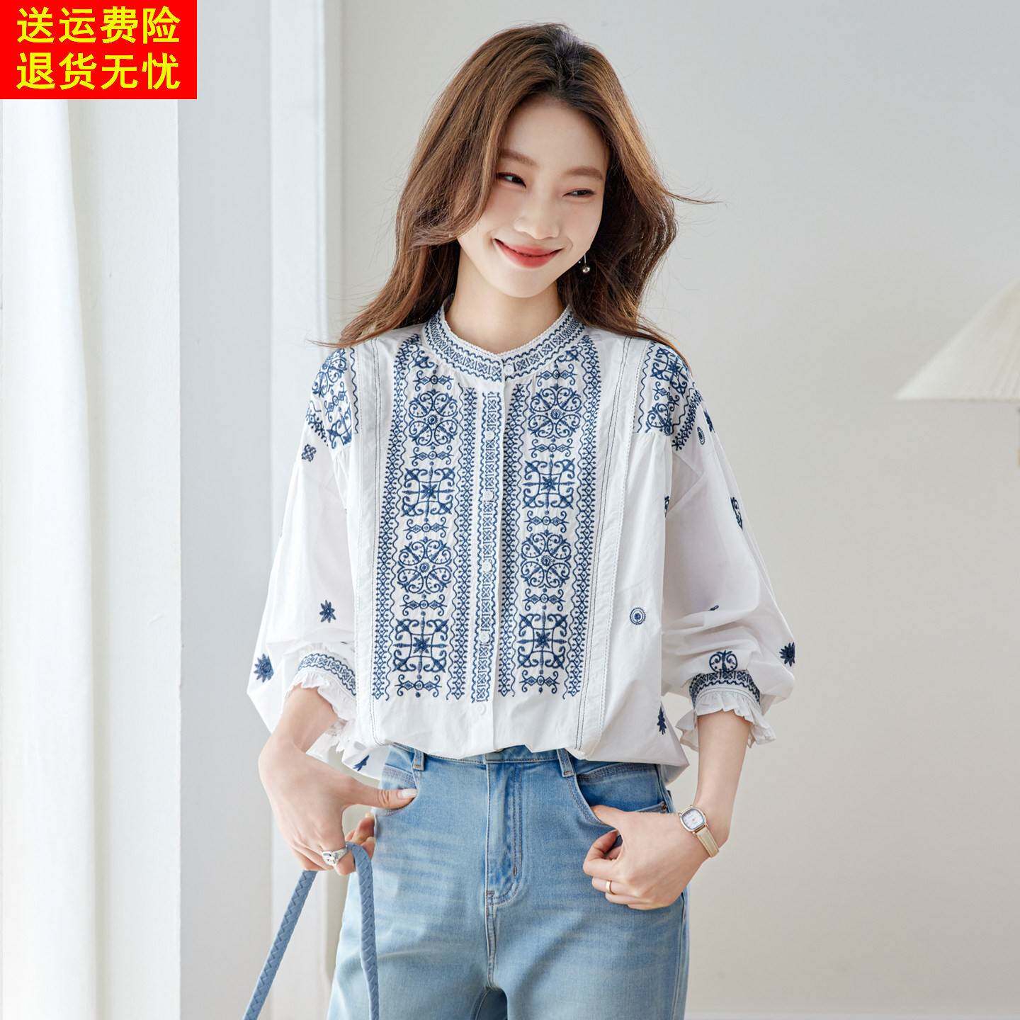 波西米亚风重工刺绣纯棉白色衬衫女高级感轻奢宽松减龄超好看上衣