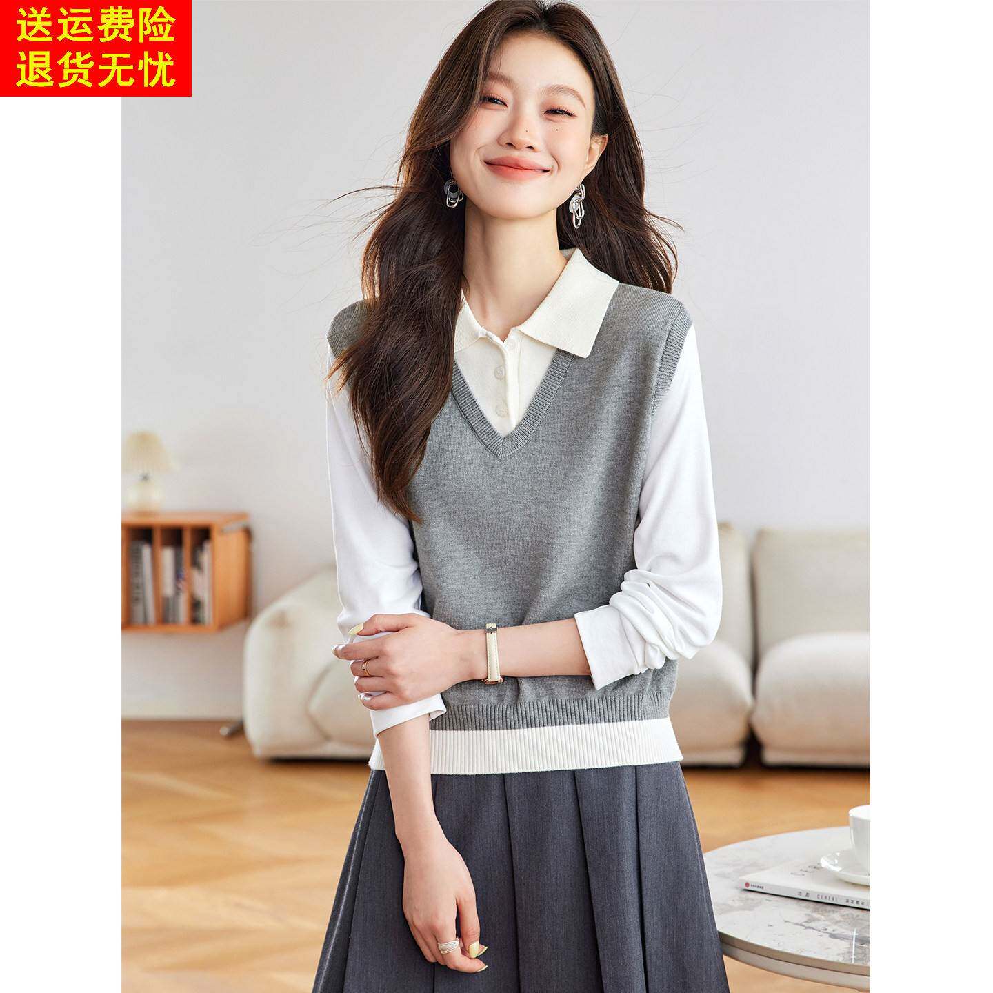 假两件拼色翻领针织衫女2026春季新款设计感超火减龄长袖短款上衣