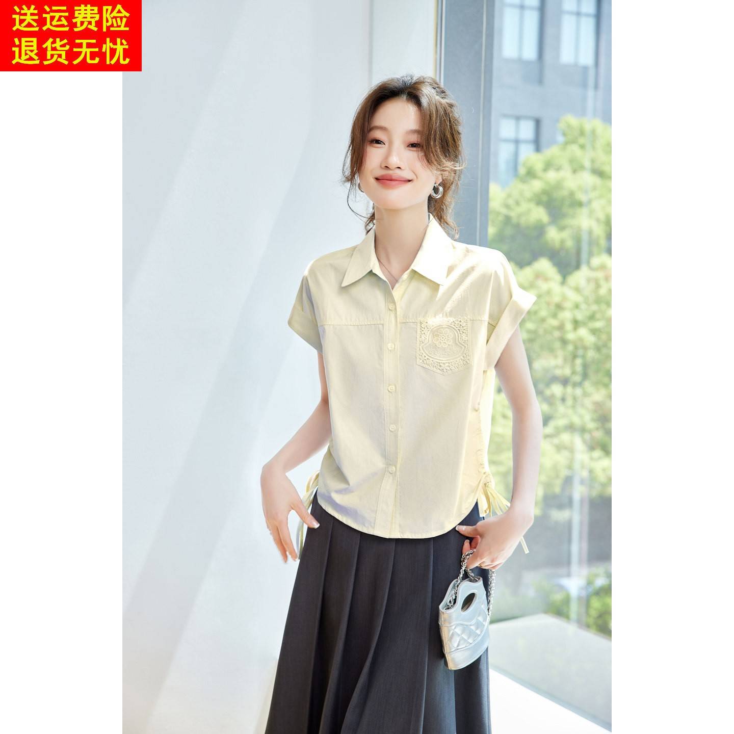 日系短袖纯棉衬衫女2026夏季新款宽松翻领刺绣系带设计感小众上衣