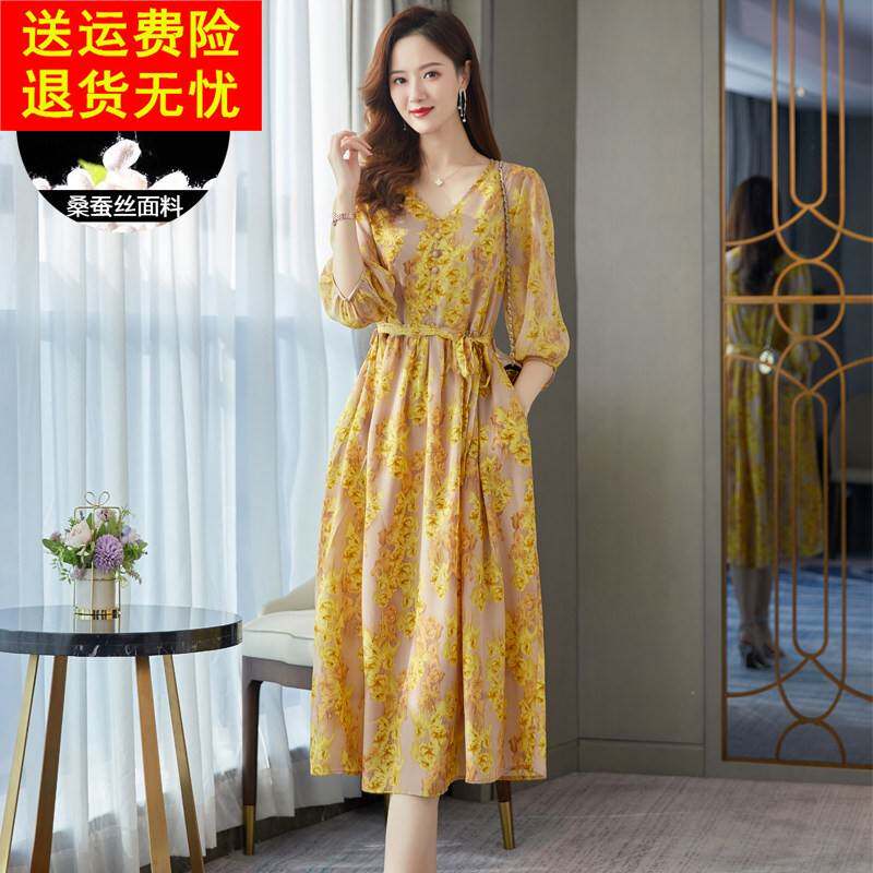 高级感流行的仿真丝印花连衣裙奢华高腰系带v领气质透气裙子薄款