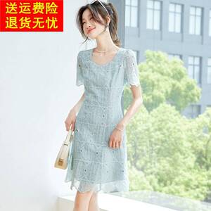 蓝色方领法式收腰真丝桑蚕丝连衣裙高级感2026夏季新款爆款裙子
