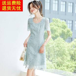 蓝色方领法式收腰真丝桑蚕丝连衣裙高级感2026夏季新款爆款裙子
